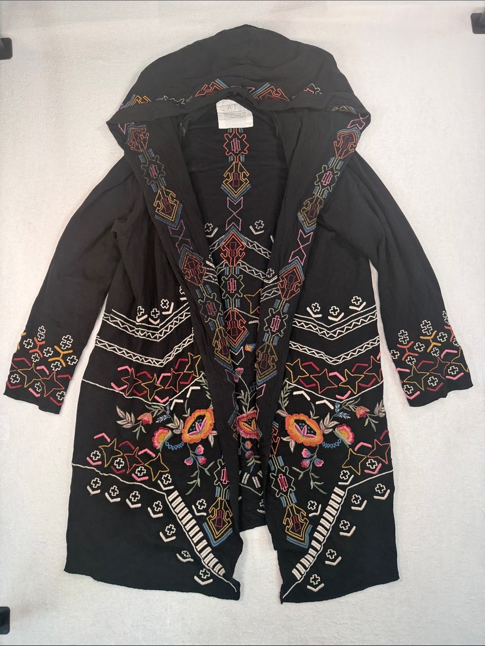 Caite Boho Embroidered Hooded Open Front Duster Cardigan